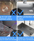 Comparison of stainless steel sink without mat and with Silicone Sink Mat Grid Protector For Kitchen Sinks 12 To 29.5 Inches DIY Cut To Fit Bottom Of Sink Shield For Stainless Steel Farmhouse Sinks Durable Non Slip Mat, showing protection benefits.