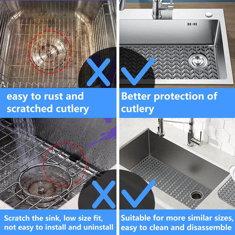 Comparison of stainless steel sink without mat and with Silicone Sink Mat Grid Protector For Kitchen Sinks 12 To 29.5 Inches DIY Cut To Fit Bottom Of Sink Shield For Stainless Steel Farmhouse Sinks Durable Non Slip Mat, showing protection benefits.