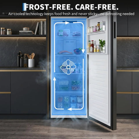 11 Cu Ft Upright Freezer And Stand Up Converter Fridge With Four In One Modes And Frost Free Tech Slay Your Stash With Extra Shelves open, food organized and air-cooled technology visible.