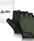 Kids Cycling Gloves With Non Slip Palm Grip Half Finger Design For Boys And Girls in green with packaging, durable breathable fabric.