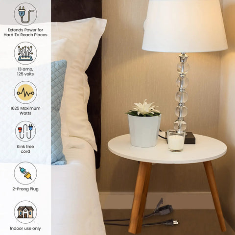 Bedroom setup with 6 Foot Indoor Extension Cord With Three Outlets Brown Kink Free Child Safety Covers Discreet Design