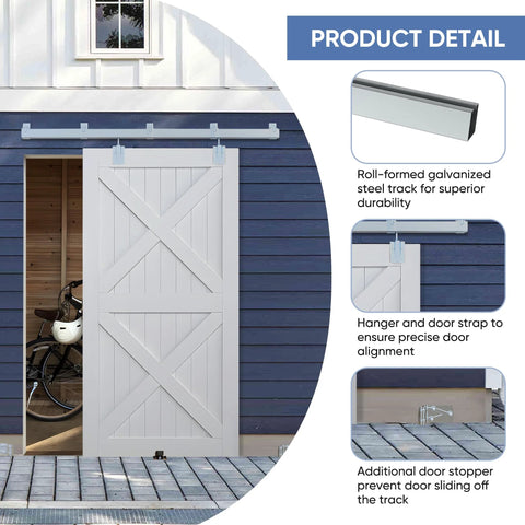 8 Ft Exterior Barn Door Hardware Kit For Outdoor Use Heavy Duty Sliding Track System Galvanized Steel With Floor Guide And Adjustable Rollers Weather Resistant Construction For Exterior Doors Hardware Only No Door installed on barn wall