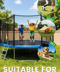 Heavy Duty Trampoline Ground Anchors 19 Inch Screw In Stakes for High Wind, Pack of 4 installed with trampoline in use