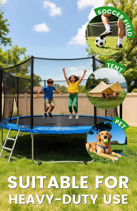 Heavy Duty Trampoline Ground Anchors 19 Inch Screw In Stakes for High Wind, Pack of 4 installed with trampoline in use