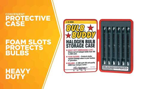 6-Pack 500-Watt T-3 Halogen Work Light Bulbs With Hard Case For Contractors; bulbs in foam slots, protective case labeled 'Bulb Buddy'