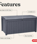 Borneo 110 Gallon Outdoor Storage Deck Box For Patio Backyard And Garden Grey Lockable Waterproof Sturdy Plastic Storage Bench For Cushions Tools Toys And More with easy open, lockable lid, and rattan-look design.