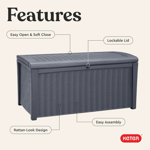 Borneo 110 Gallon Outdoor Storage Deck Box For Patio Backyard And Garden Grey Lockable Waterproof Sturdy Plastic Storage Bench For Cushions Tools Toys And More with easy open, lockable lid, and rattan-look design.