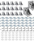 20 Piece 4040 Aluminum Extrusion Connector Kit With Corner Brackets Including 40 M8 T Slot Nuts 40 Washers And 1 Wrench For Industrial Aluminum Profile Assembly Projects Silver, showing corner brackets, t-slot nuts, and washers.