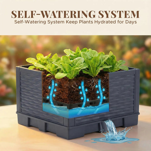 Two Pack 43 Inch Vertical Tomato Planter with Trellis Self Watering Garden Box showing water system and soil cross-section.