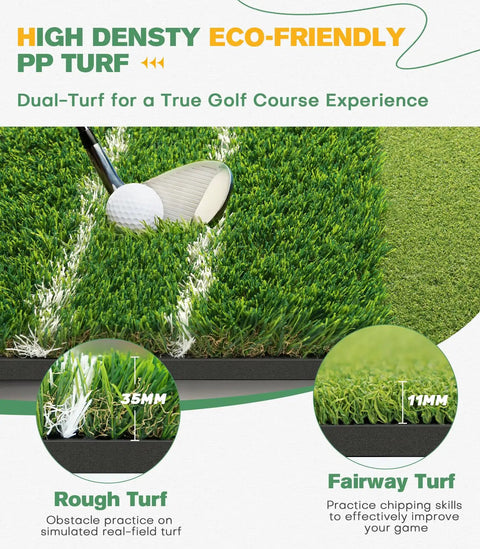 Dual Turf Golf Mat 5x4ft With 10mm And 15mm High Elasticity Base demonstrating rough and fairway turf with golf club