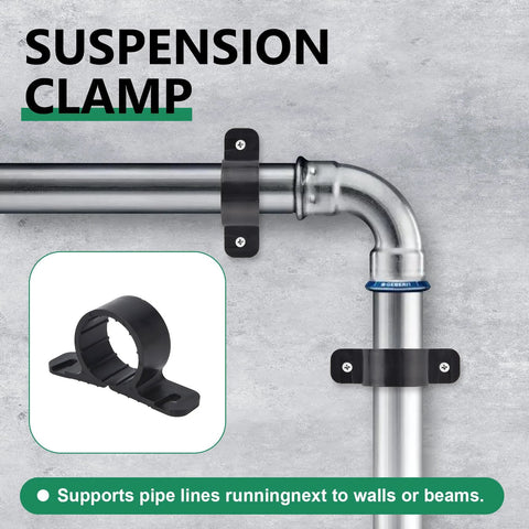 Pair of 1/2-inch pipe suspension clamps in black plastic, mounted on metal piping; inset shows clamp detail.