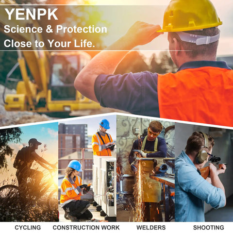 People wearing safety gear for various activities like construction and welding, emphasizing protection and safety in daily tasks.