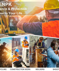 Various workers wearing safety equipment engage in activities like construction and welding, promoting 12 Pack Wraparound Safety Glasses Goggles ANSI Z87.1 Impact Resistant Scratch Resistant Protective Eyewear Green Lightweight Comfort for Men and Women.