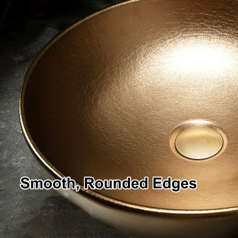 Modern Ceramic Vessel Sink with Faucet and Drain, Luxury Gold Oval/Rectangle Countertop Bathroom Vanity Basin for Home or Hotel Decor, showcasing smooth rounded edges.