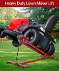 Heavy Duty Lawn Mower Lift Jack For Riding Mowers Zero Turn Mowers And Garden Tractors Telescopic Maintenance Jack With Foldable Design Easy Lift Crank Handle And Power Tool Handle Supports Up To 880 Lbs lifting a red riding mower