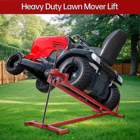 Heavy Duty Lawn Mower Lift Jack For Riding Mowers Zero Turn Mowers And Garden Tractors Telescopic Maintenance Jack With Foldable Design Easy Lift Crank Handle And Power Tool Handle Supports Up To 880 Lbs lifting a red riding mower