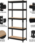 Five Tier Metal Storage Shelving Unit In Black Heavy Duty Garage Rack 60 Inch Tall 386 Lb Per Tier 1930 Lb Total Capacity Powder Coated Iron Frame And MDF Shelves, angled view