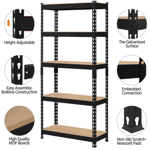 Five Tier Metal Storage Shelving Unit In Black Heavy Duty Garage Rack 60 Inch Tall 386 Lb Per Tier 1930 Lb Total Capacity Powder Coated Iron Frame And MDF Shelves, angled view
