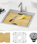 Prep Ready 15 Inch Workstation Sink Drop In Or Undermount 15x15 Inch Single Bowl 18 Gauge Stainless Steel Handmade Kitchen Bar Sink With Integrated Ledge Bamboo Cutting Board Bottom Grid And Strainer