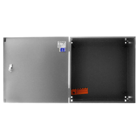 N1C Series NEMA 1 Hinged Door Wall Mount Enclosure open view showing interior space, built tough steel, ANSI gray