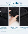 Heavy Duty 600D Polyester Deck Box Cover Waterproof All Weather Protection For 63 Inch Long By 30 Inch Wide By 28 Inch High Storage Box Tough As Nails Outdoor Cover Built To Last Rainproof shown with adjustable drawstrings, elastic cord design, and double-stitched seams; key features displayed.