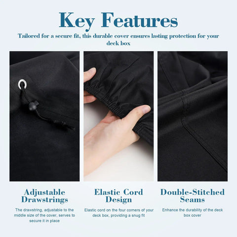 Heavy Duty 600D Polyester Deck Box Cover Waterproof All Weather Protection For 63 Inch Long By 30 Inch Wide By 28 Inch High Storage Box Tough As Nails Outdoor Cover Built To Last Rainproof shown with adjustable drawstrings, elastic cord design, and double-stitched seams; key features displayed.