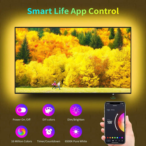 Chill USB TV Backlight Strip for 60 to 72 Inch TVs 14.9 Foot RGBW Color Changing Bias Lighting with app control and phone display