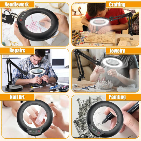 12X Real Glass Magnifying Glass With Light And Stand in use for needlework, crafting, repairs, jewelry, nail art, and painting.