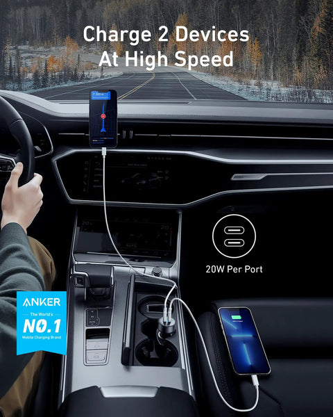 USB C Car Charger With 40W Dual Ports Fast Charge PowerIQ 3.0 Type C Power Delivery For iPhone mounted inside vehicle