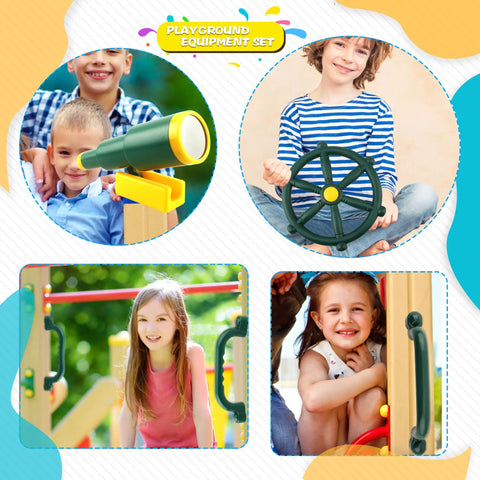 4 Piece Kids Outdoor Playset Accessories Featuring A Plastic Steering Wheel Telescoping Telescope And Safety Handles For Garden Backyard Treehouse And Playhouse Fun In Green Set 1