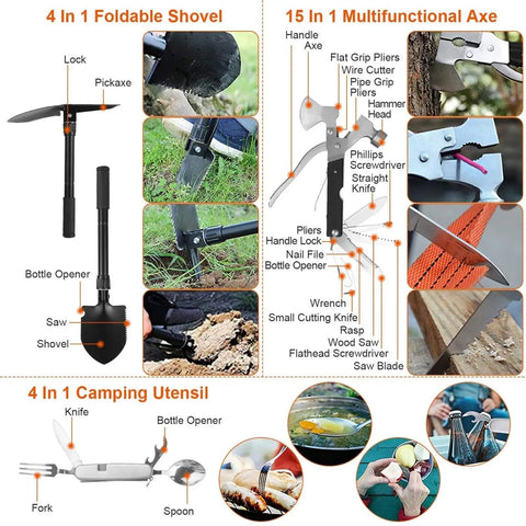 4 In 1 Foldable Shovel and 15 In 1 Multifunctional Axe with uses for 125 In 1 All In One Survival Kit For Men Outdoor Gear With First Aid Supplies Emergency SOS Tactical Tools For Hiking Camping Hunting Disaster Readiness Prepper Ready