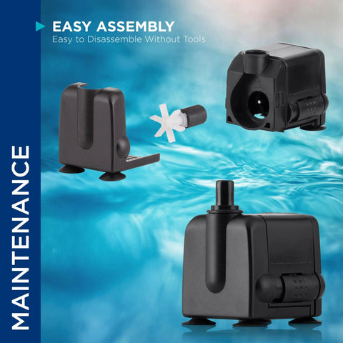 Submersible Fountain Pump 120 GPH for ponds, fountains, and birdbaths, easy assembly, oil free ceramic impeller