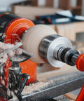 BMWOOD woodturning live tailstock chuck adapter on a lathe, silver metal, turning a light wood blank