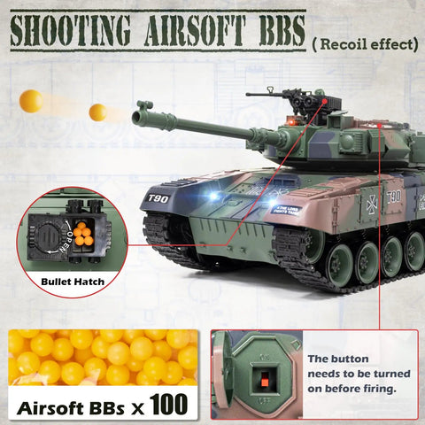 1:18 RC Tank With 2.4GHz Remote Control Realistic Russian T90 Beefed Up Battle Ready Tank With Smoke Lights And Sound Turret 330 Degree Rotation Muzzle Recoil Airsoft BB Firing Volume Switch Military Toy For Adults And Kids showcasing airsoft BB hatch and firing details