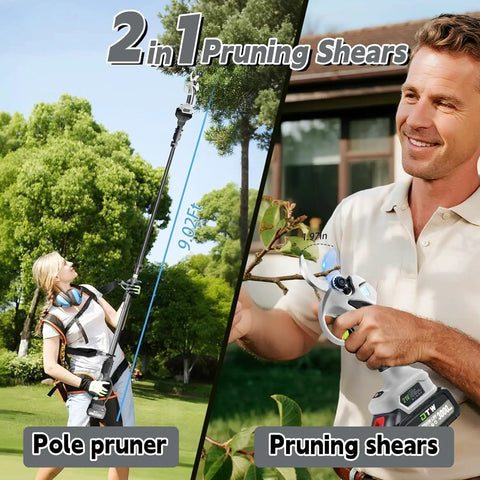 Heavy Duty Cordless Electric Pruning Shears With Telescopic Pole And Lcd Display 21 Volt Dual Battery Kit Sk7 Steel Blades in use