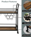 Prime Rolling Industrial Bar Cart With Heavy Duty Dual Tier Shelves And Rustic Wood Metal Build For Kitchen Wine Storage And Badass Backyard Lounge Vibe features dual wood shelves and 5 wine bottle rack.