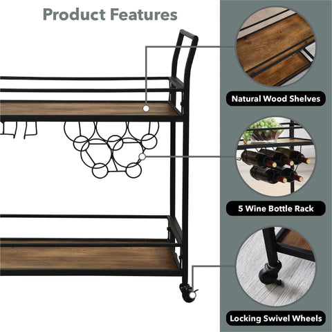 Prime Rolling Industrial Bar Cart With Heavy Duty Dual Tier Shelves And Rustic Wood Metal Build For Kitchen Wine Storage And Badass Backyard Lounge Vibe features dual wood shelves and 5 wine bottle rack.