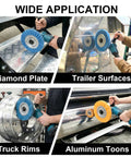 Pro Grade Aluminum Polishing Kit for Angle Grinder with 8 inch airway buffing wheel on various surfaces.