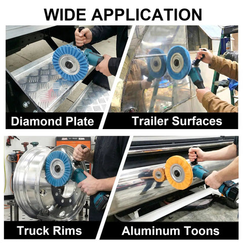 Pro Grade Aluminum Polishing Kit for Angle Grinder with 8 inch airway buffing wheel on various surfaces.