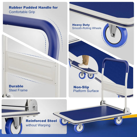 Foldable Push Cart Dolly With 330 Lbs Capacity, showcasing rubber padded handle, non-slip platform, and reinforced steel frame.