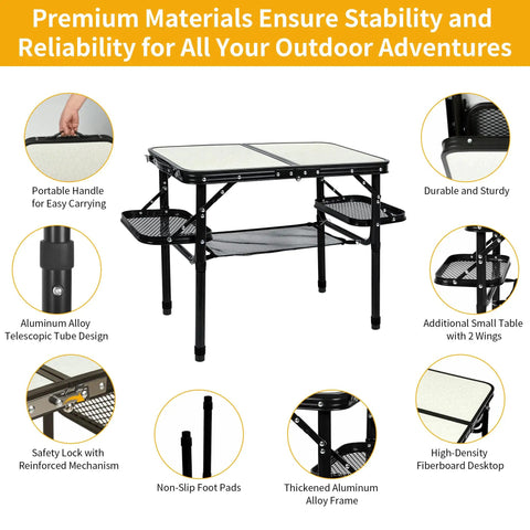 Folding Camping Table Aluminum Lightweight Outdoor Indoor Table With Carry Handle And Mesh Pocket Extra Space Three Height Adjustable 10.24 Inch 20.24 Inch And 24.80 Inch For Picnics Tailgate BBQ Grub And More with features highlighted