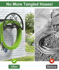 Heavy Duty Wall Mount Garden Hose Holder Holds 125 Ft Hose Up To 95 Lbs Weight Capacity Tough As Nails Metal Construction Detachable Hose Hanger Storage Rack For Outdoor Lawn Yard Farm Use Black with green hose neatly coiled on brick wall and tangled hose on ground before