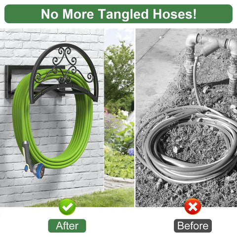 Heavy Duty Wall Mount Garden Hose Holder Holds 125 Ft Hose Up To 95 Lbs Weight Capacity Tough As Nails Metal Construction Detachable Hose Hanger Storage Rack For Outdoor Lawn Yard Farm Use Black with green hose neatly coiled on brick wall and tangled hose on ground before