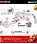 Commercial Wall Mount Kitchen Sink Faucet with 8 Inch Center, 6 Inch Swivel Spout, Lever Handle, Brass, Chrome Finish, Specs Guide