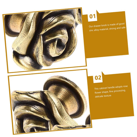 Close-up of Two Pack Vintage Rose Flower Cabinet Knobs for Kitchen Cabinets and Furniture, zinc alloy gold finish