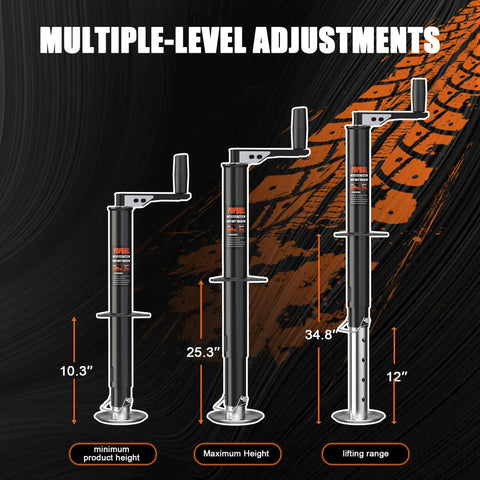 Set of three A-frame trailer jacks, black steel, 5000 lb capacity, crank handles, adjustable drop legs, circular bases.