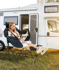Woman relaxing in Detachable And Retractable Footrest Hammock Camping Chair With Cozy Head Pillow beside RV in sunny outdoor setting