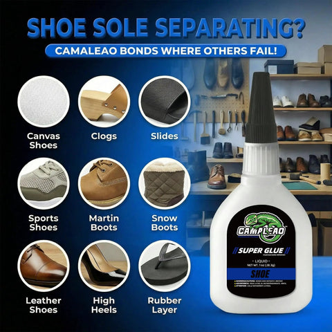 Image of Fast Bonding Shoe Glue Kit 1oz and 1g, Clear Flexible Adhesive for repairing various shoe types, displayed in a workshop.