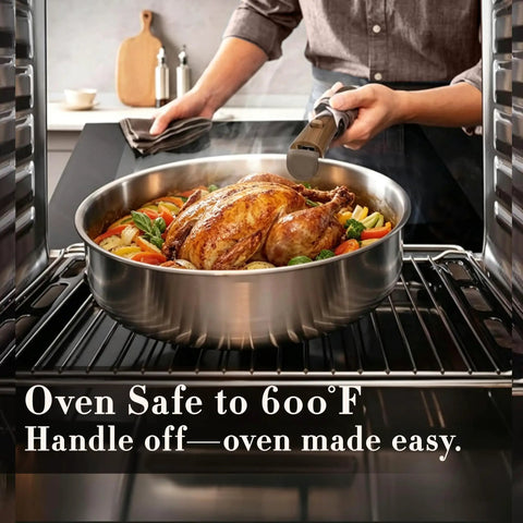 Cooking chicken in oven-safe detachable handle stainless steel cookware set for induction with 19 piece tri ply full clad pots and pans.