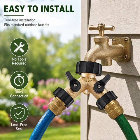 Heavy Duty Garden Hose Splitter 2 Way Brass Y Splitter With 2 Valves And 2 Extra Rubber Washers Solid Brass Water Splitter For Dual Watering Easy On Off Controls Durable Industrial Grade on outdoor faucet with two hoses